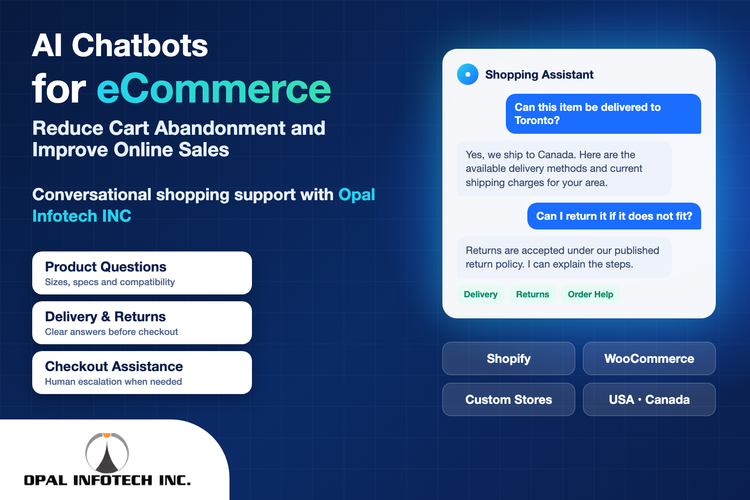 AI chatbots for eCommerce to reduce cart abandonment and improve online sales by Opal Infotech INC