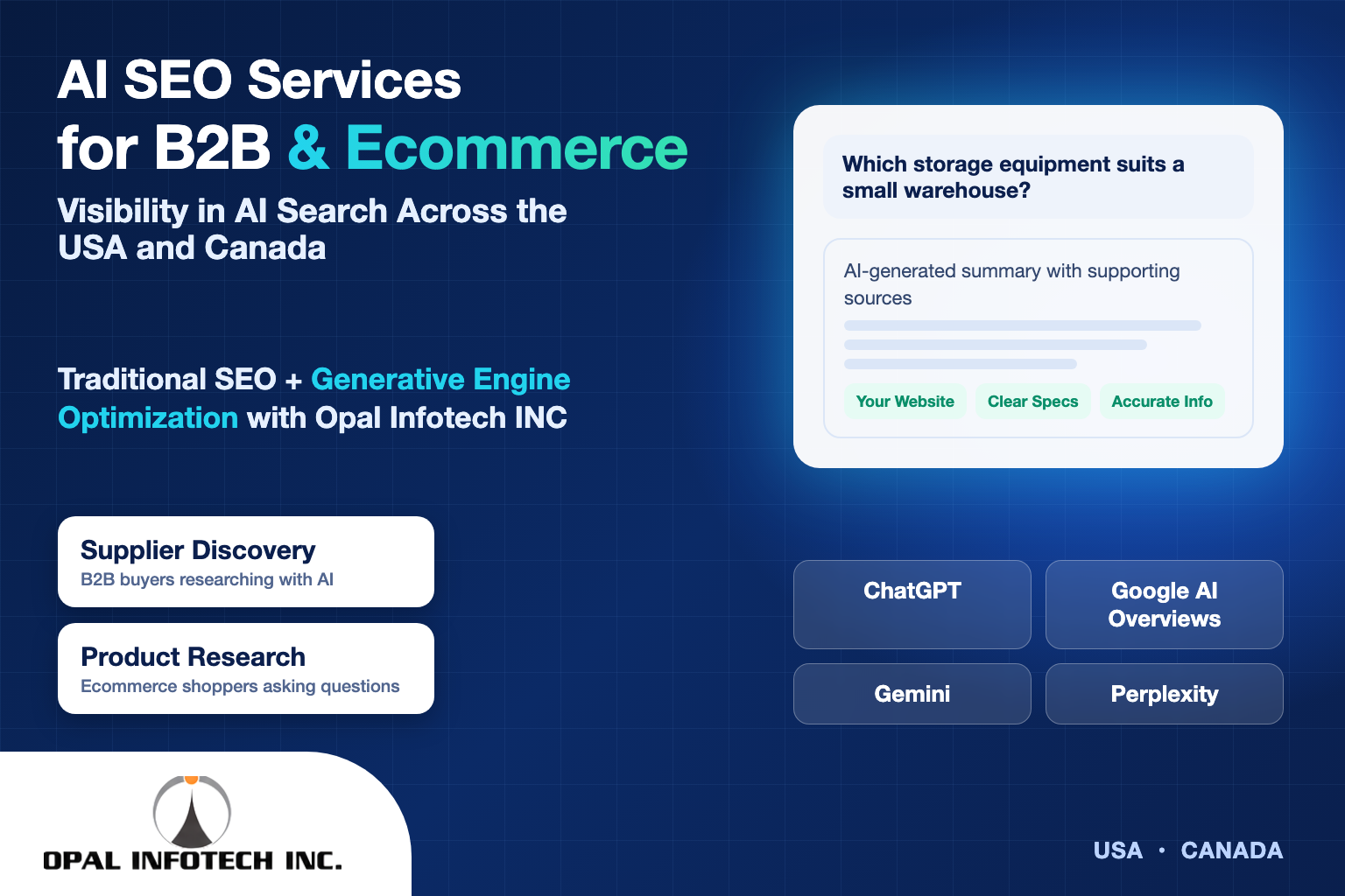 AI SEO services for B2B and ecommerce businesses in the USA and Canada by Opal Infotech INC